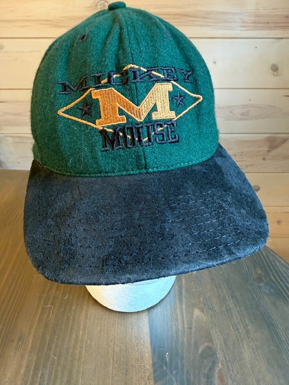 Vintage 90’s Mickey Mouse Hat Disney Store Wool Suede Green Snapback